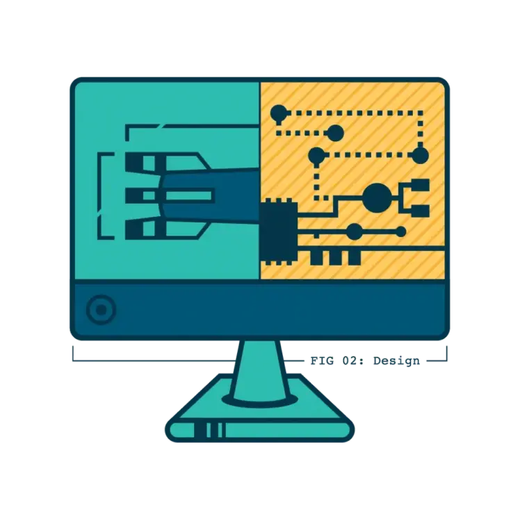 An illustration of a computer monitor displaying a diagram of a rocket ship.